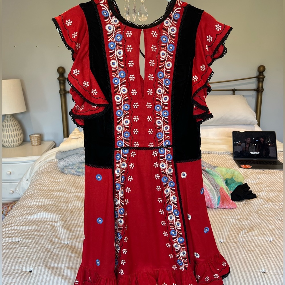 Anthropologie red and black flower dress with lace!!